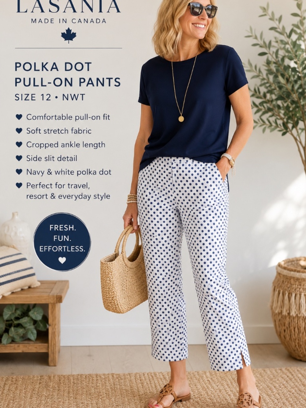 Lasania Polka Dot Pull-On Capri Pants Size 12 NWT Made in Canada Navy White